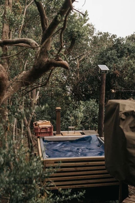 The Pyramid at Misty Mountain Reserve: Covered outdoor hot tub on deck among forest trees